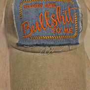 wheat colored ball cap, embroidered patch cap, Bullshit embroidered cap, denim patch