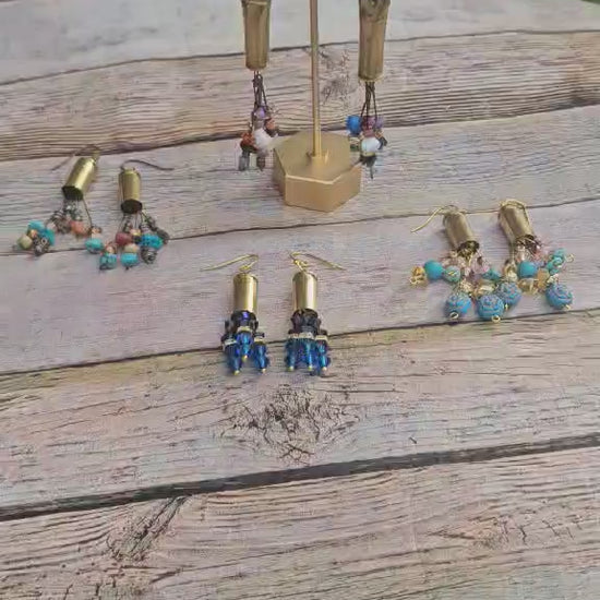 ammo earrings, shot gun shell earrings, multicolored beaded jewelry, ammo jewelry 