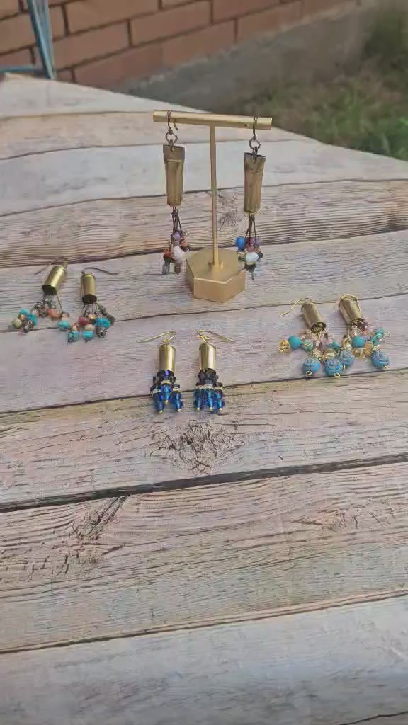 ammo earrings, shot gun shell earrings, multicolored beaded jewelry, ammo jewelry 