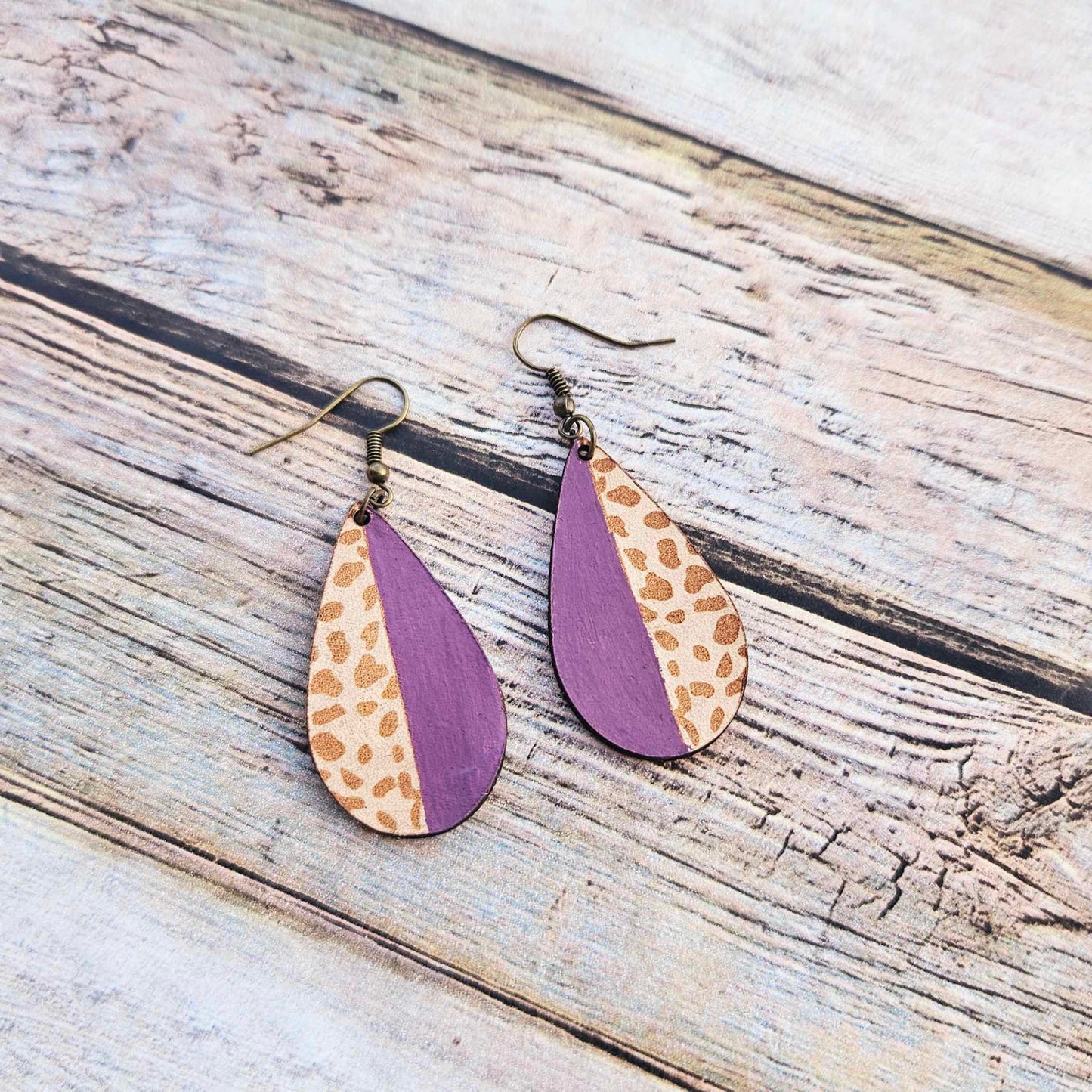 laser burned, leopard, earrings, tear drop, leather jewelry , purple earrings