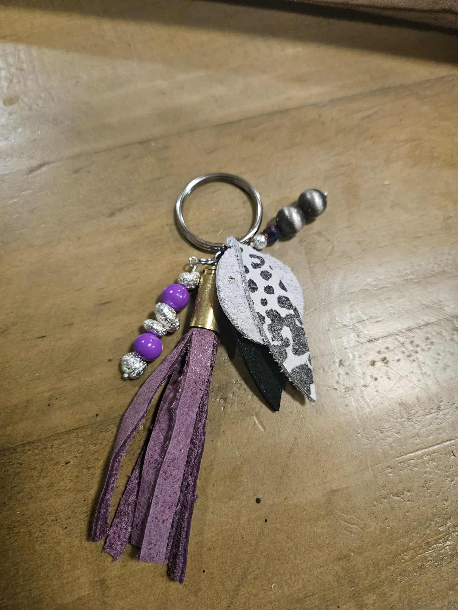 Purple leather ammo tassel keychain, beaded keychain, leather keychain, tassel keychain, handmade keychain