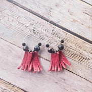 Handcrafted Red Hand-Dyed Leather Fringe Earrings with Pearl Beads