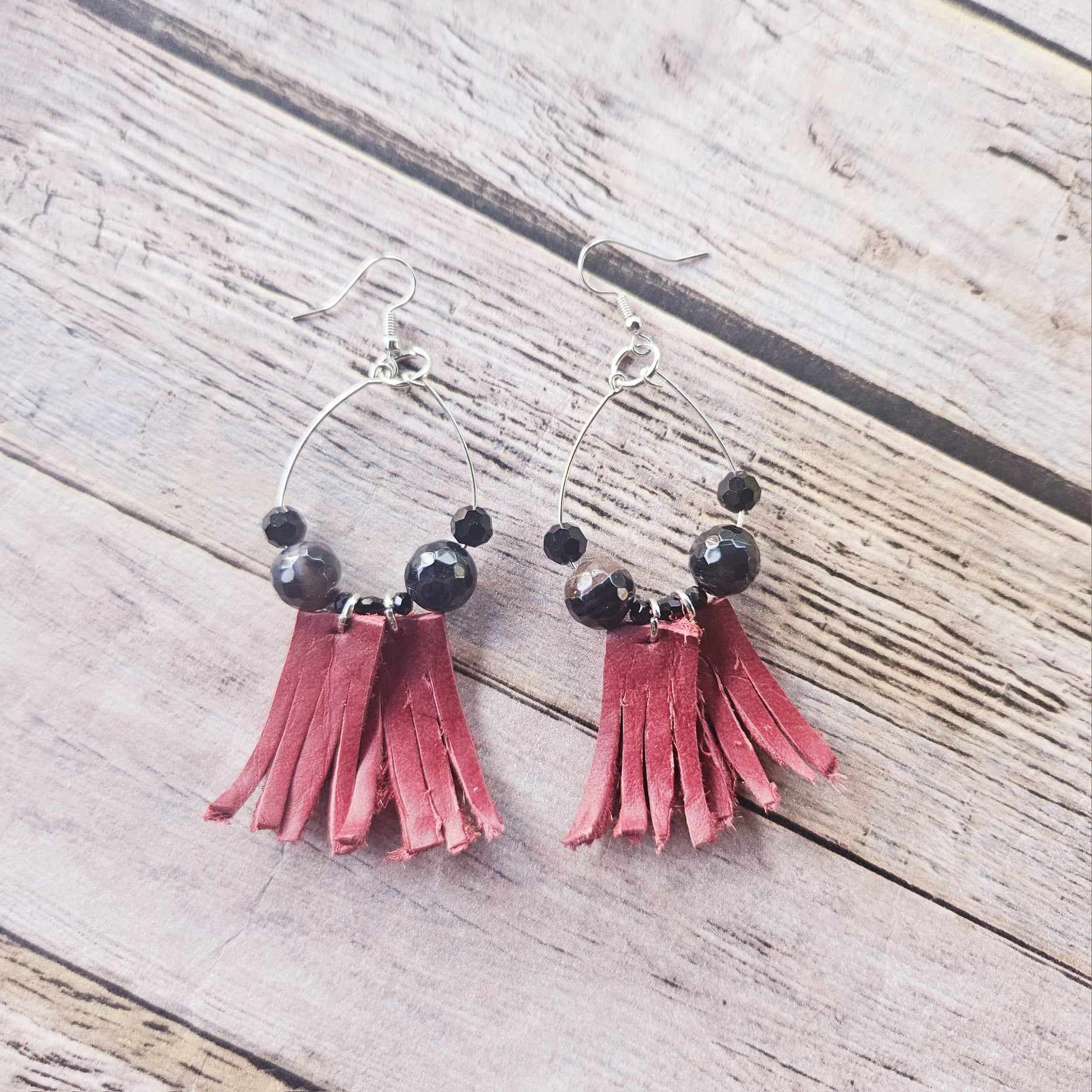 Handcrafted Red Hand-Dyed Leather Fringe Earrings with Pearl Beads