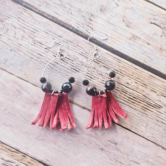 Handcrafted Red Hand-Dyed Leather Fringe Earrings with Pearl Beads
