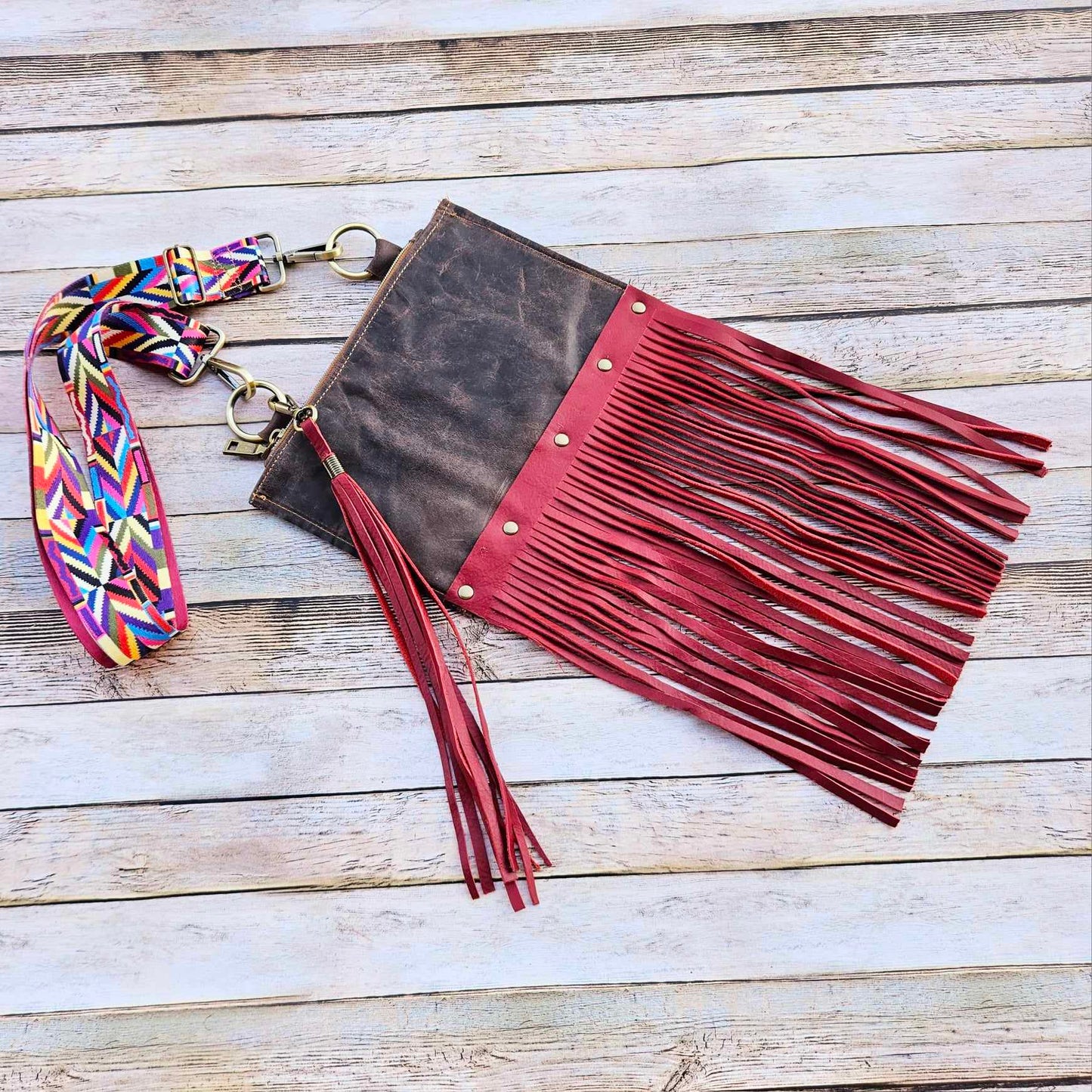 red fringe leather bag, fringe leather crossbody, crossbody bag, red fringe bag, leather fringe purse, brown leather bag