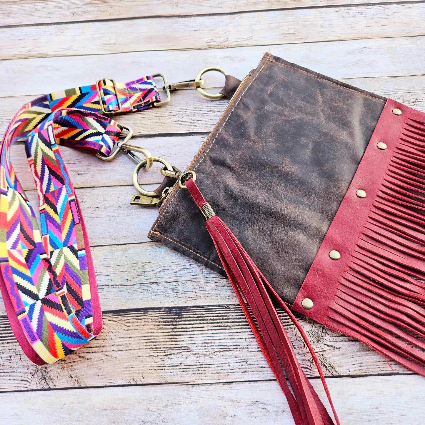 red fringe leather bag, fringe leather crossbody, crossbody bag, red fringe bag, leather fringe purse, brown leather bag