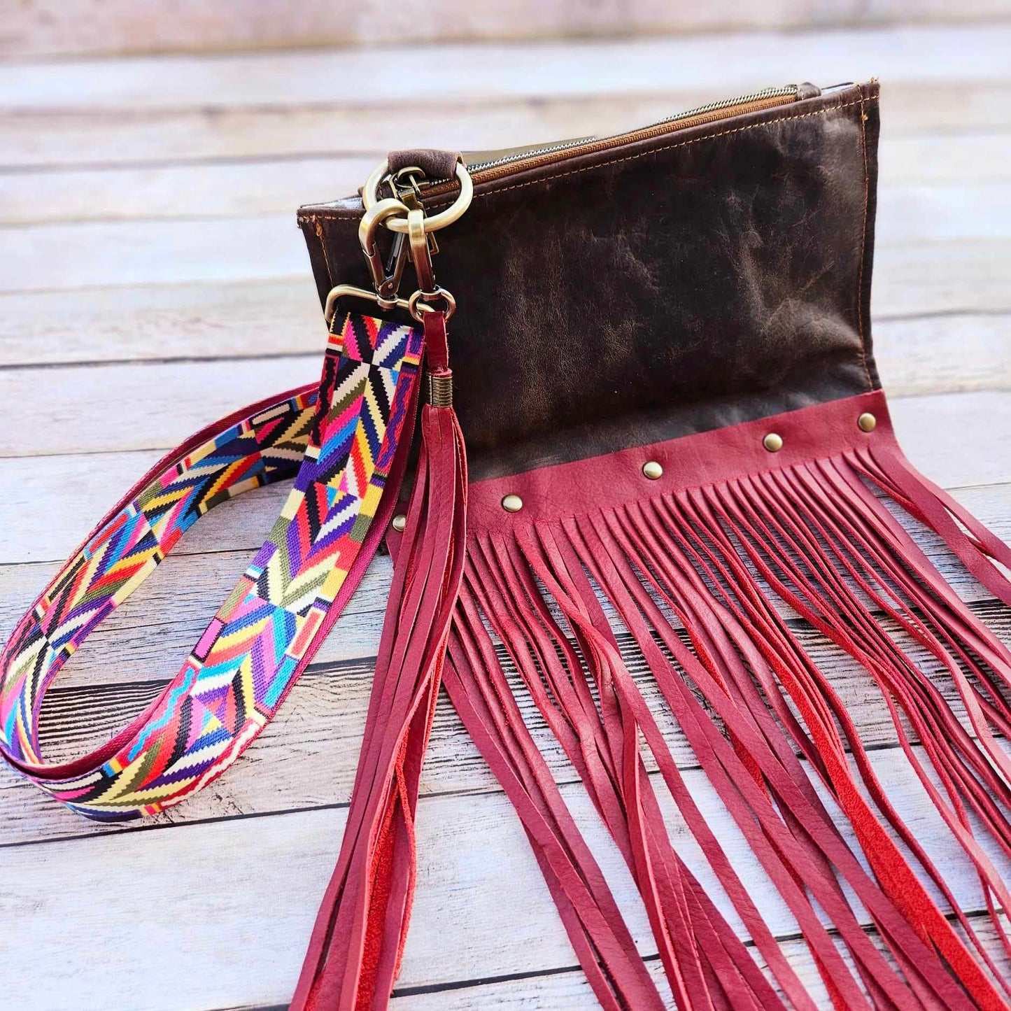 red fringe leather bag, fringe leather crossbody, crossbody bag, red fringe bag, leather fringe purse, brown leather bag