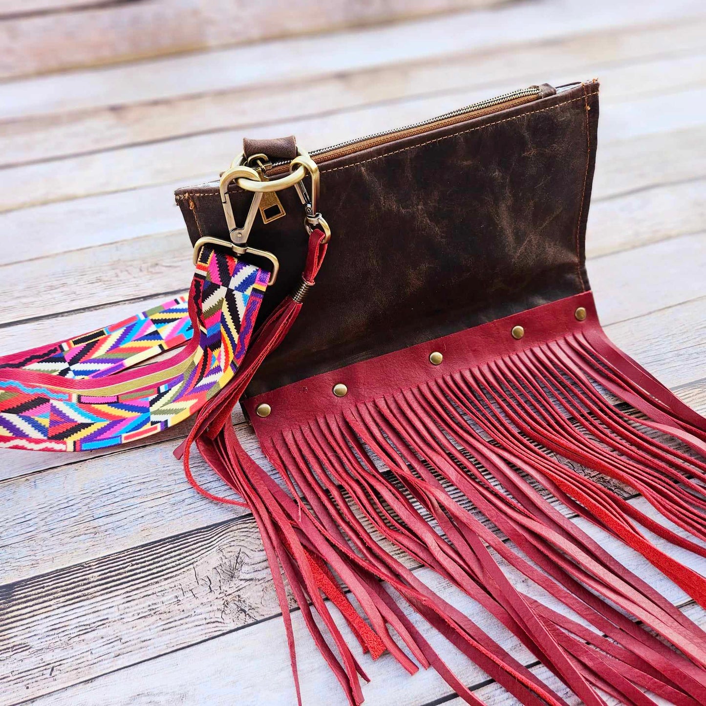 red fringe leather bag, fringe leather crossbody, crossbody bag, red fringe bag, leather fringe purse, brown leather bag