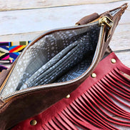 red fringe leather bag, fringe leather crossbody, crossbody bag, red fringe bag, leather fringe purse, brown leather bag