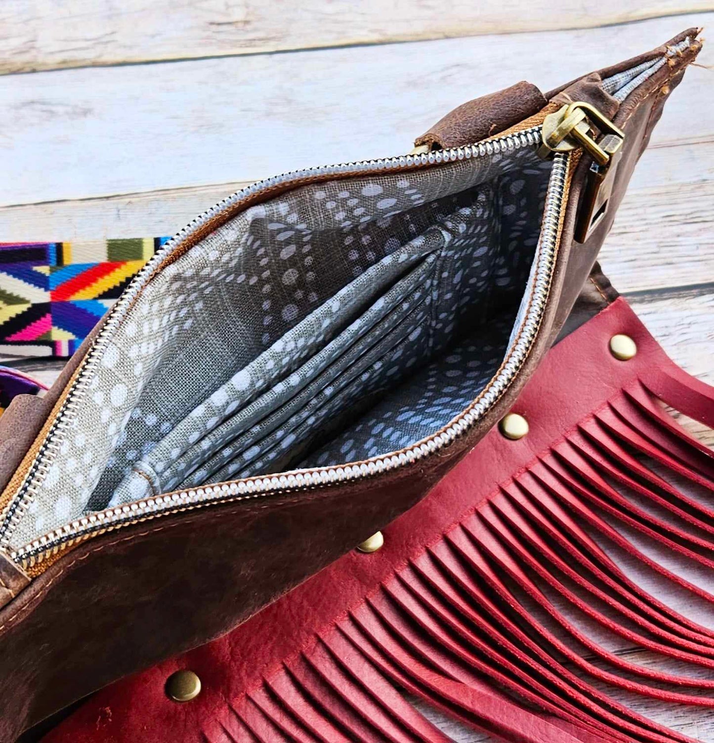 red fringe leather bag, fringe leather crossbody, crossbody bag, red fringe bag, leather fringe purse, brown leather bag