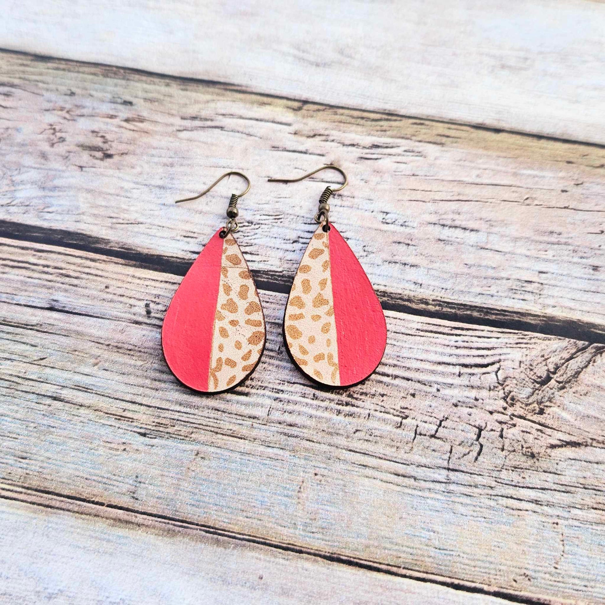 laser burned, leopard, earrings, tear drop, leather jewelry, red earrings