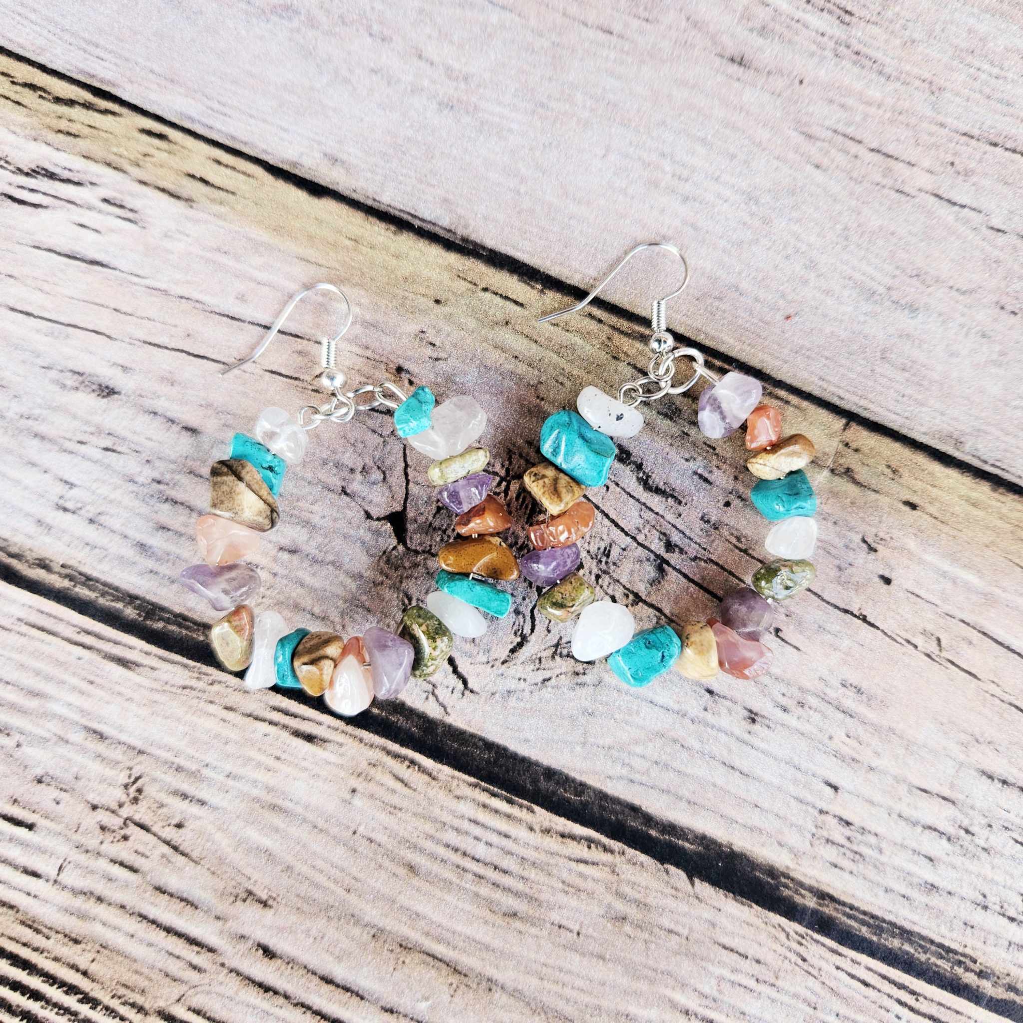 Handcrafted Silver Hoop Earrings with Multicolored Stones & Turquoise Accents