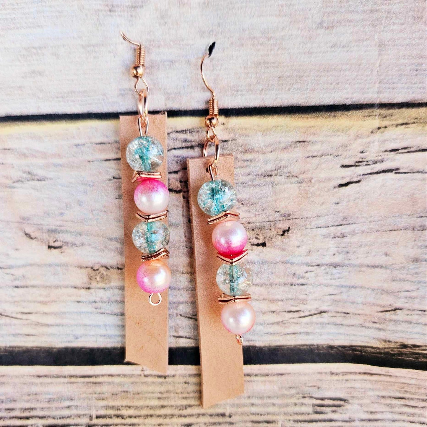 rose gold earrings, crystal beads and ombre pink jewelry, vegetable tan leather jewelry, handmade jewelry 
