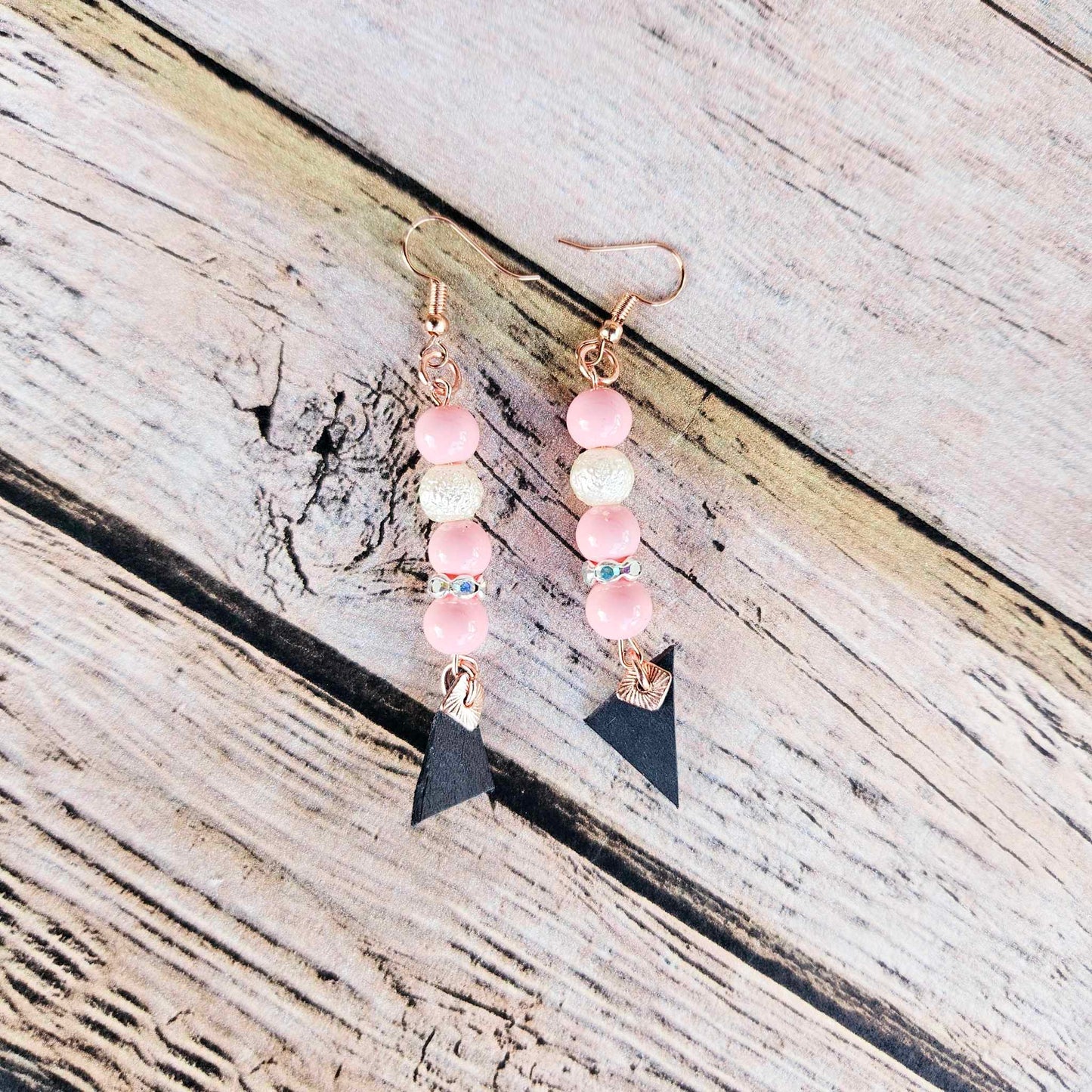 pink pearl earrings, rose gold, black leather, handmade jewelry