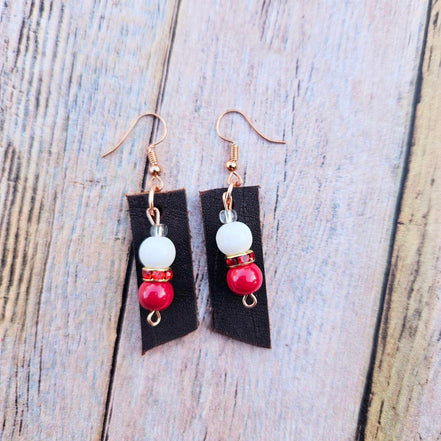 gold earrings, red and white beads, rhinestone spacers, brown leather jewelry, handmade jewelry 