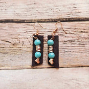 rose gold earrings, aqua bead earrings, heart charms, brown leather earrings, handmade jewelry