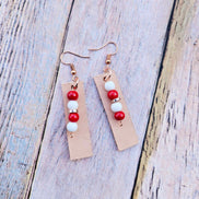 rose gold earrings, read and white beaded earrings, vegetable leather earrings handmade leather jewelry 