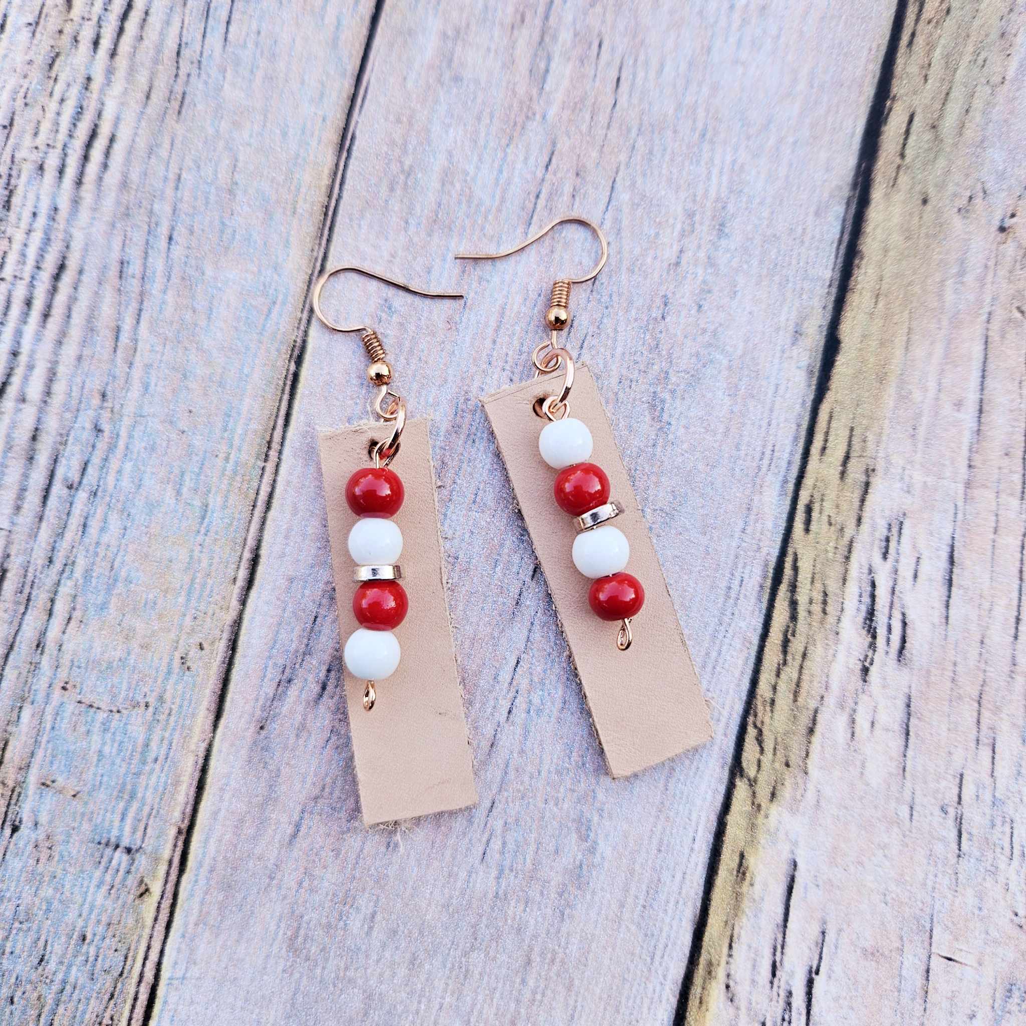 rose gold earrings, read and white beaded earrings, vegetable leather earrings handmade leather jewelry 
