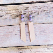vegetable tan leather earrings, purple bead jewelry, silver earrings, handmade jewelry 