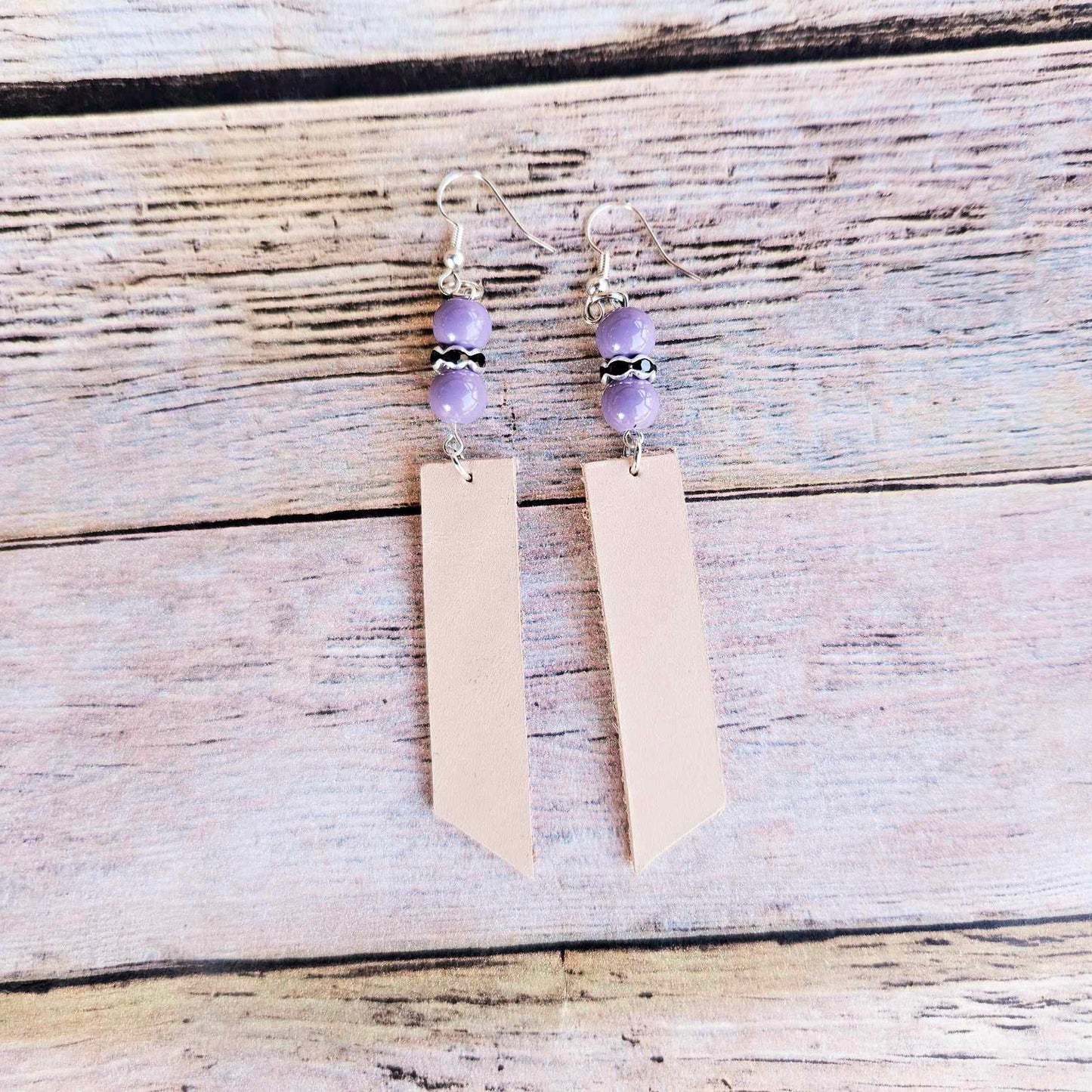 vegetable tan leather earrings, purple bead jewelry, silver earrings, handmade jewelry 