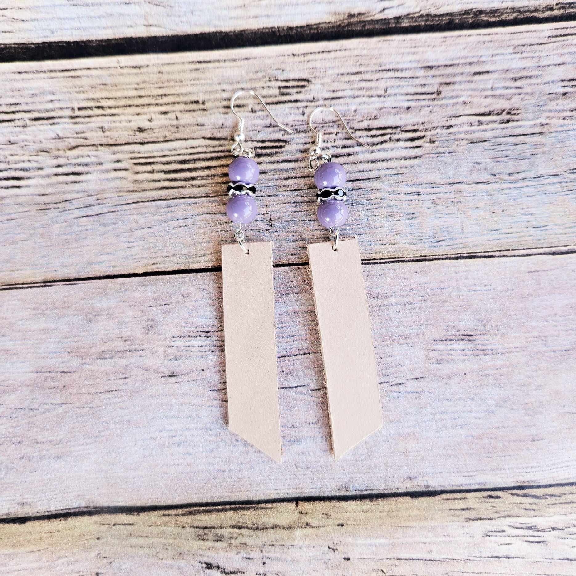vegetable tan leather earrings, purple bead jewelry, silver earrings, handmade jewelry 