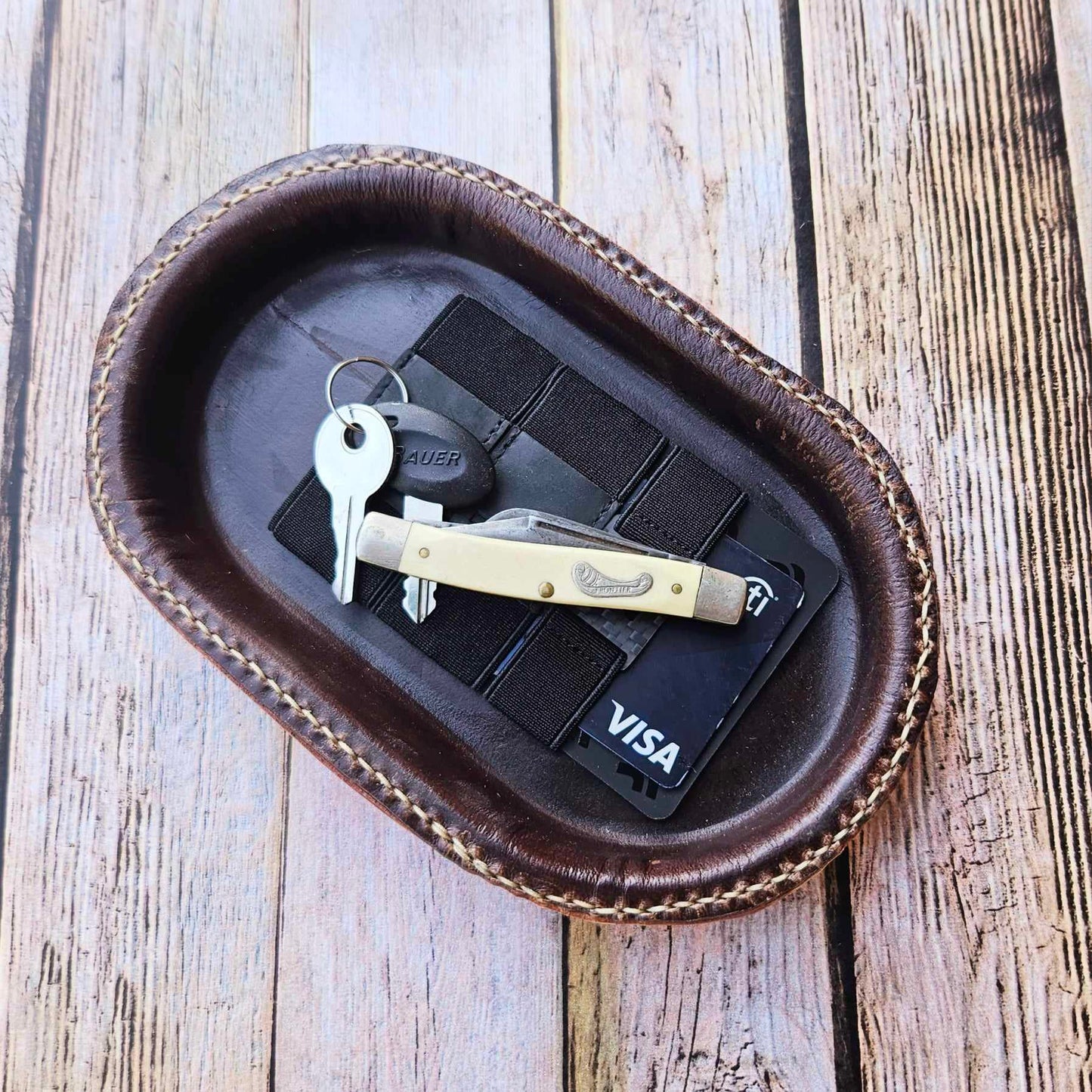 Small Oval Brown Leather Valet Tray