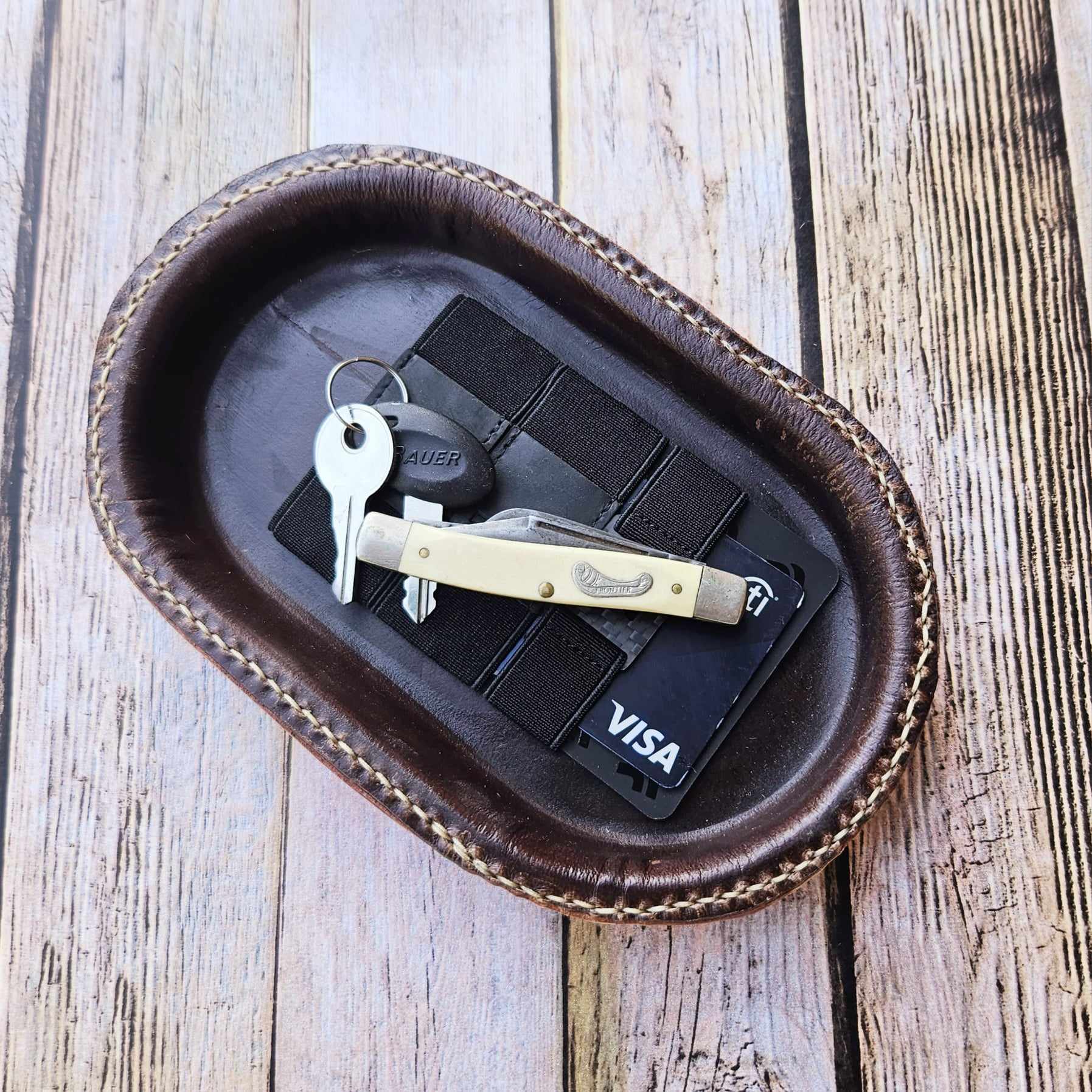 Small Oval Brown Leather Valet Tray – Handcrafted in Texas