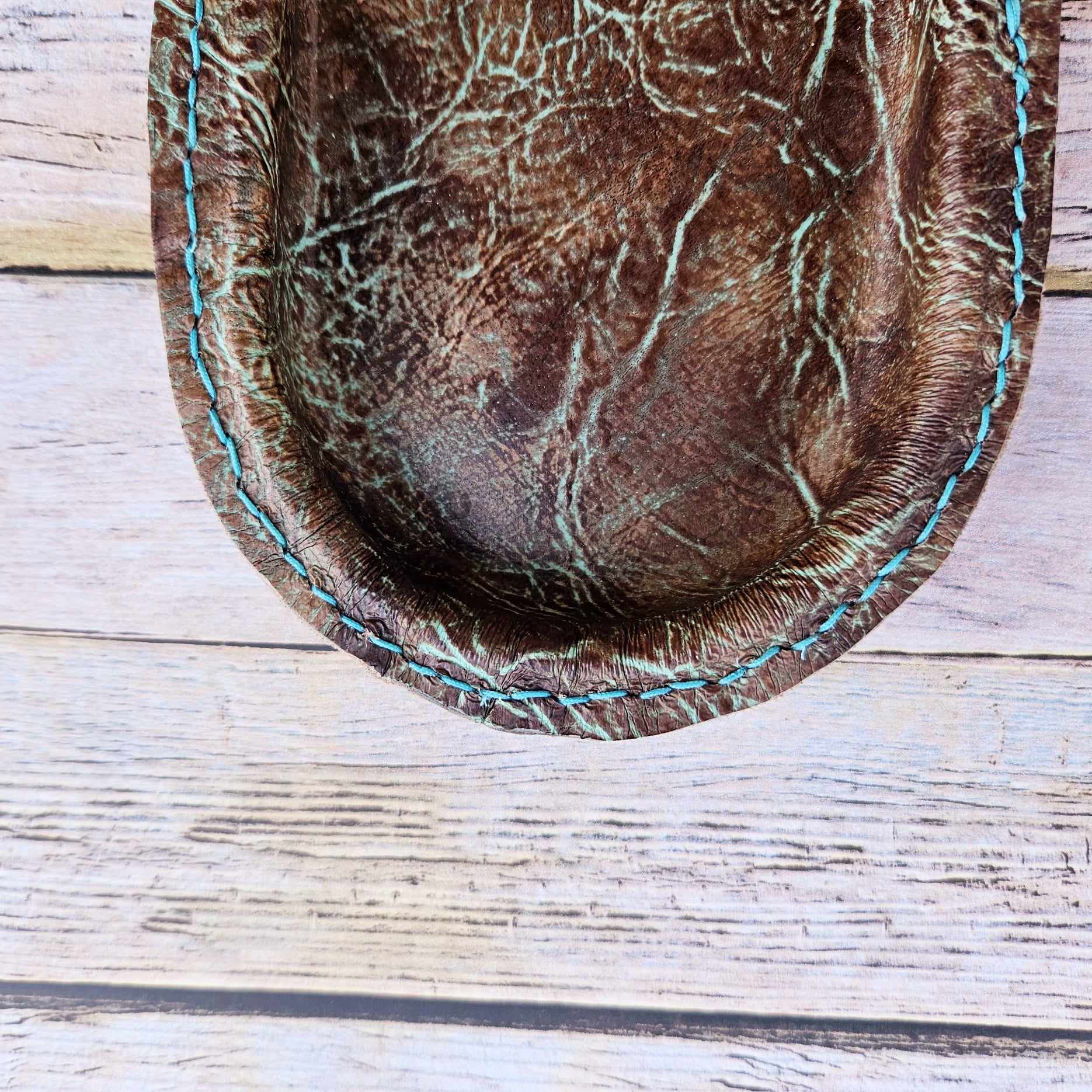 Small Oval Distressed Turquoise & Brown Leather Valet Tray – Handcrafted in Texas