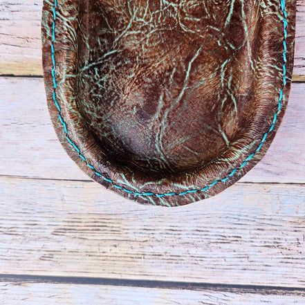 Small Oval Distressed Turquoise & Brown Leather Valet Tray – Handcrafted in Texas