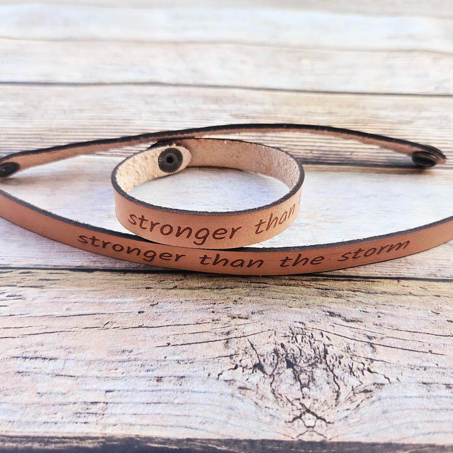 laser leather quote bracelet, strong bracelet, leather snap bracelet, burned leather