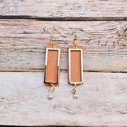 veg tan leather jewelry, gold rectangle earrings, pearl charm earrings, handmade jewelry 