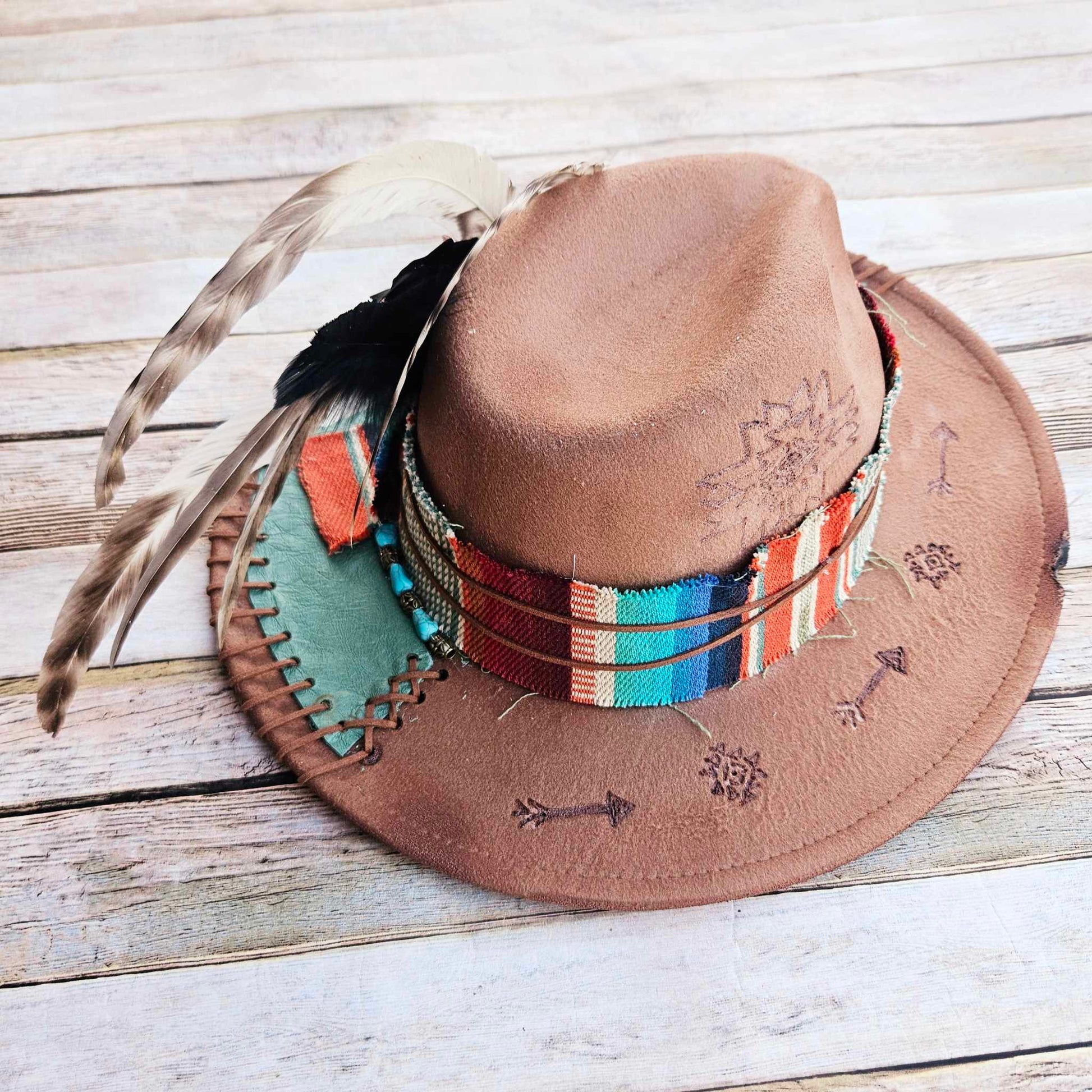 burned brim hat, camel southwest hat, feathered brim hat, leather laced hat, teal leather hat