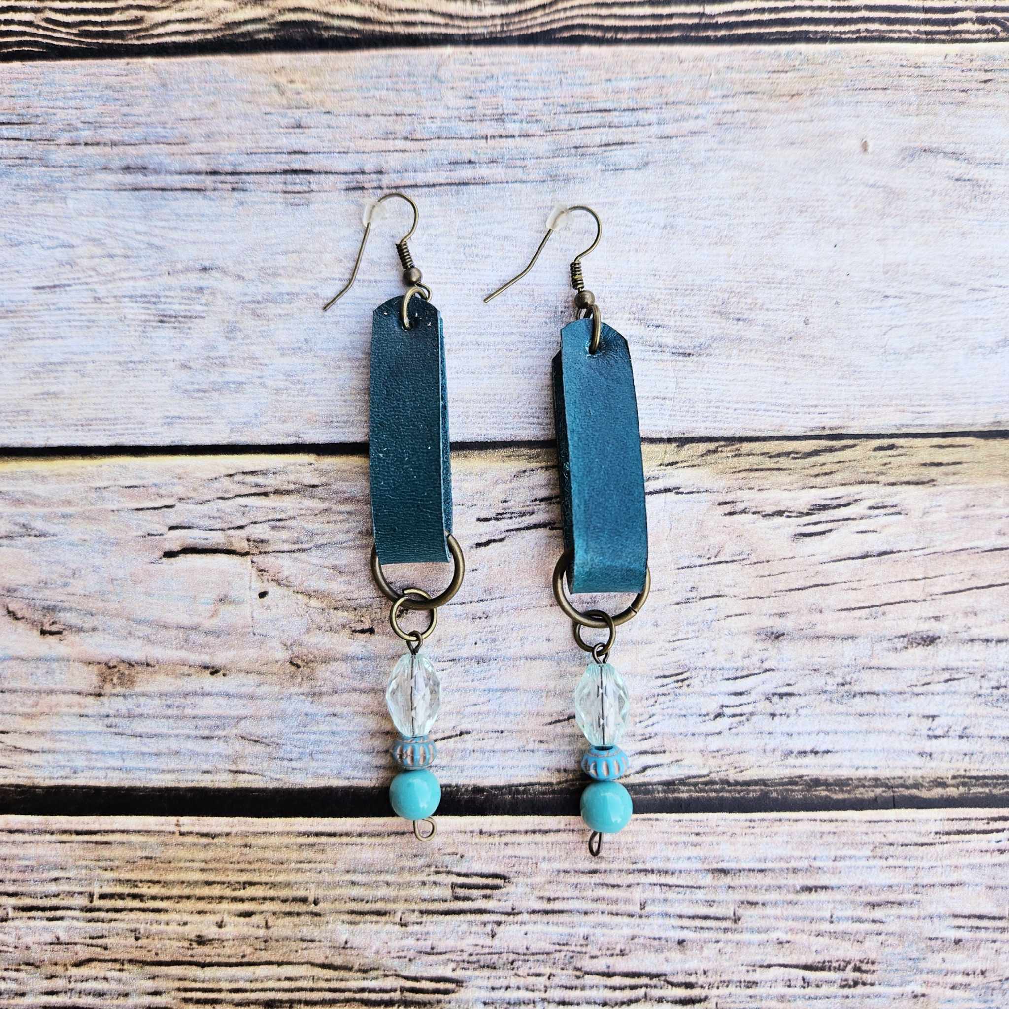 teal leather earrings, beaded earrings, handcrafted jewelry 