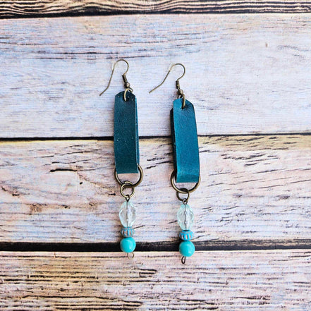 teal leather earrings, beaded earrings, handcrafted jewelry 