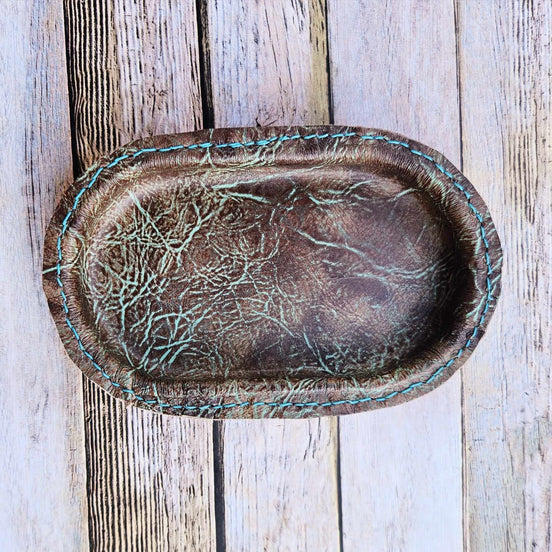 Small Oval Turquoise & Brown Distressed Leather Valet Tray