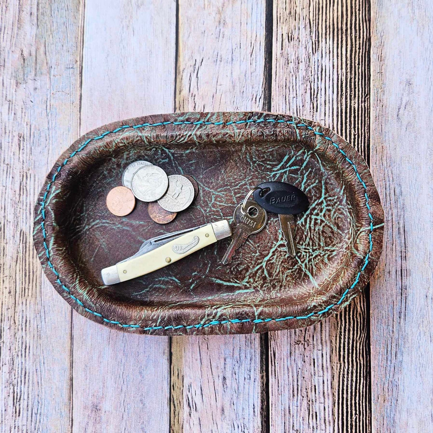 Small Oval Turquoise Brown Leather Valet Tray