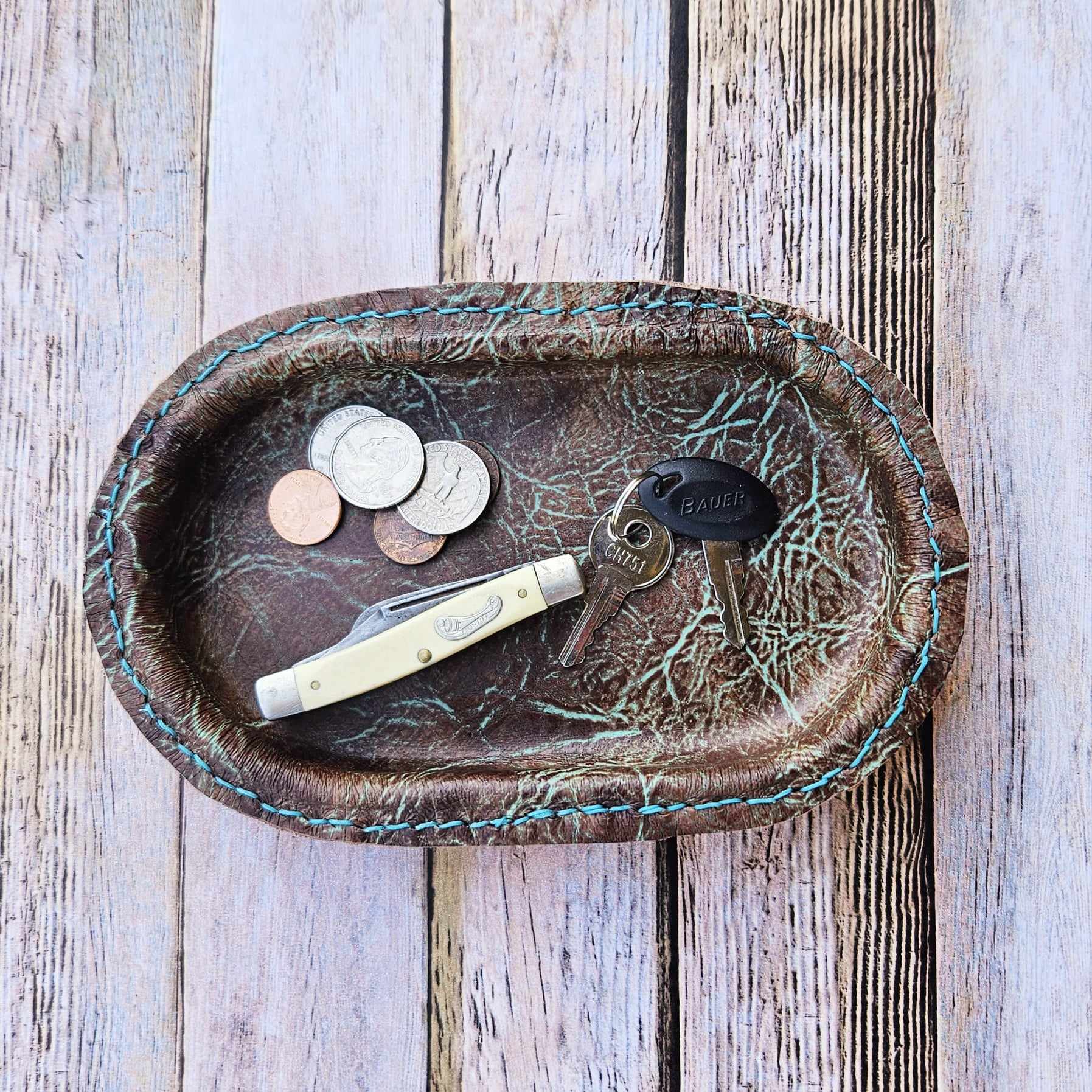 Small Oval Distressed Turquoise & Brown Leather Valet Tray – Handcrafted in Texas