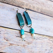 teal leather earrings, beaded earrings, handcrafted jewelry 