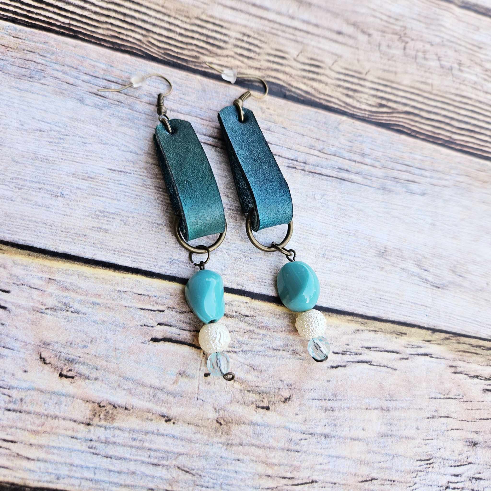 teal leather earrings, beaded earrings, handcrafted jewelry 