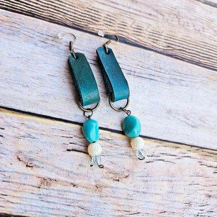 teal leather earrings, beaded earrings, handcrafted jewelry 