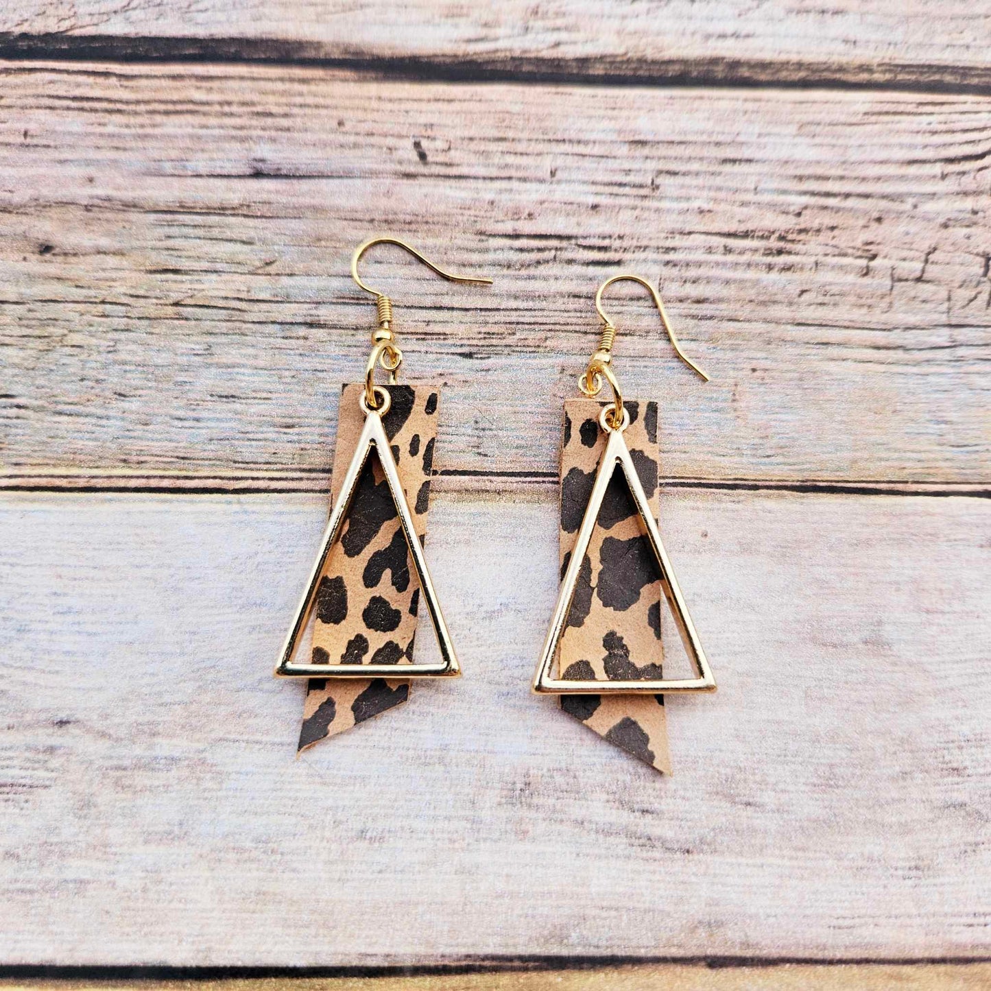 gold triangle earrings, leopard leather earrings, handmade jewelry 