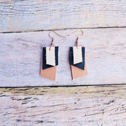 triple leather earrings, black leather, raw leather earrings, gold earrings, handmade jewelry 