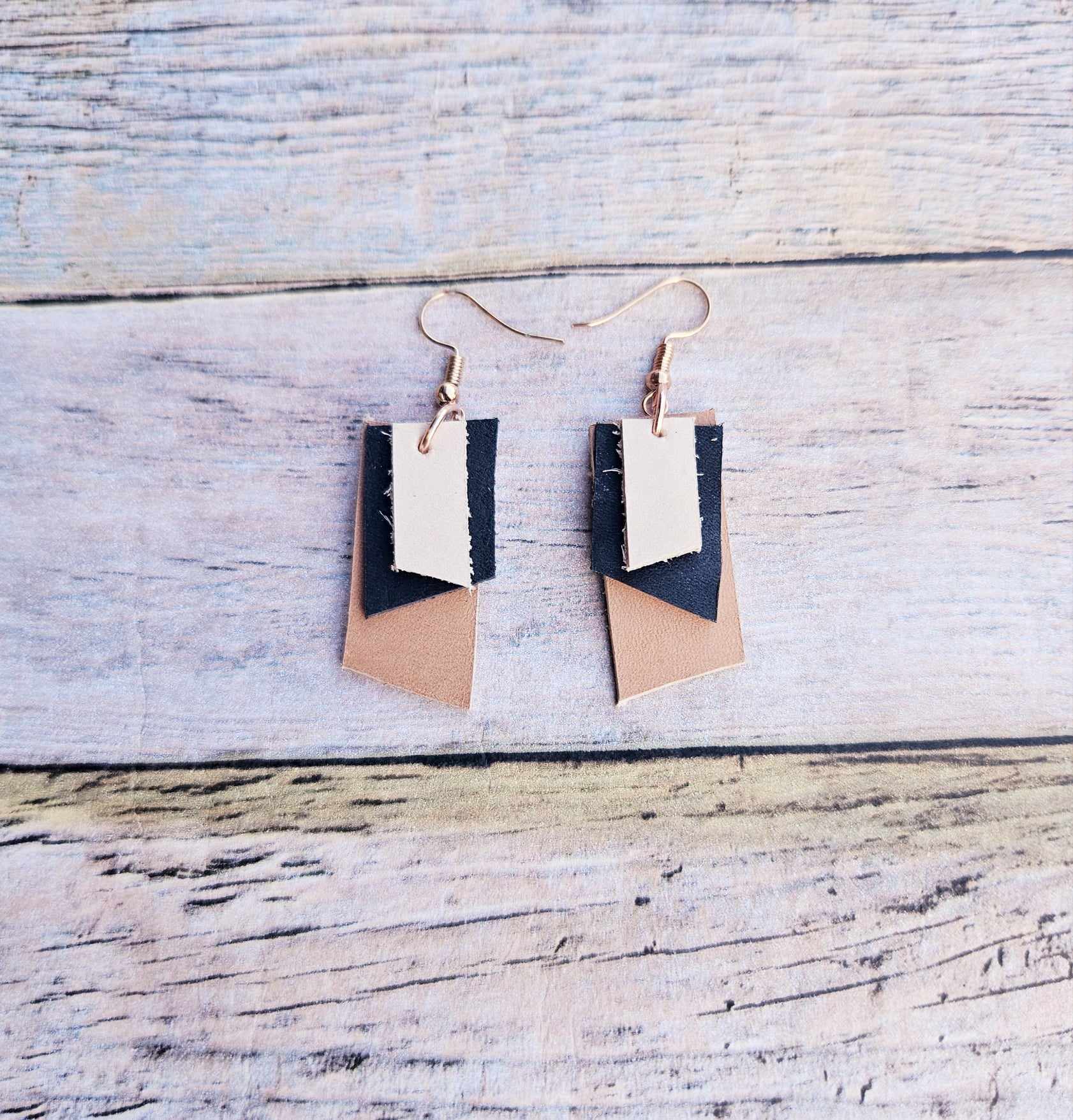 triple leather earrings, black leather, raw leather earrings, gold earrings, handmade jewelry 