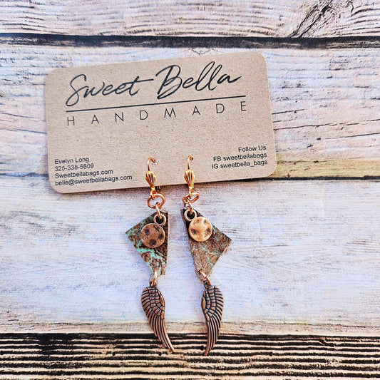 southwest jewelry  leather earrings  jewelry  handmade leather jewelry  copper angel wing earrings  angel wing earrings  