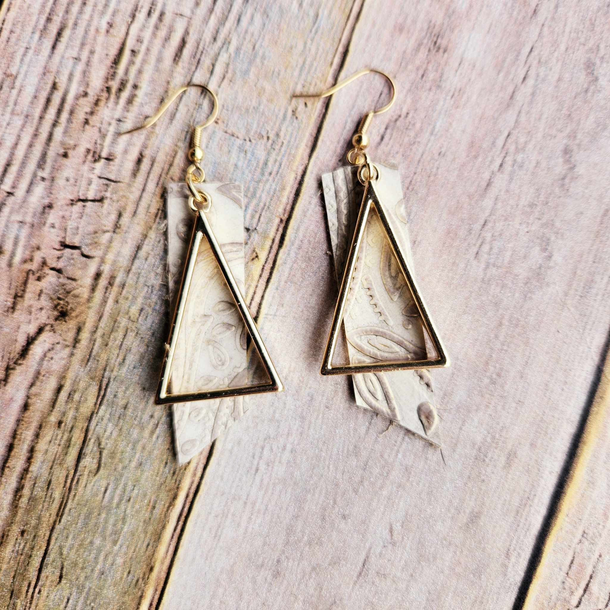 white leather rectangle earrings, handmade earrings, gold beaded jewelry, white beaded earrings