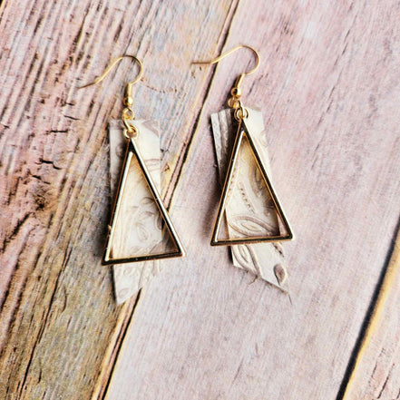 white leather rectangle earrings, handmade earrings, gold beaded jewelry, white beaded earrings