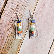white leather rectangle earrings, handmade earrings, gold beaded jewelry, white beaded earrings