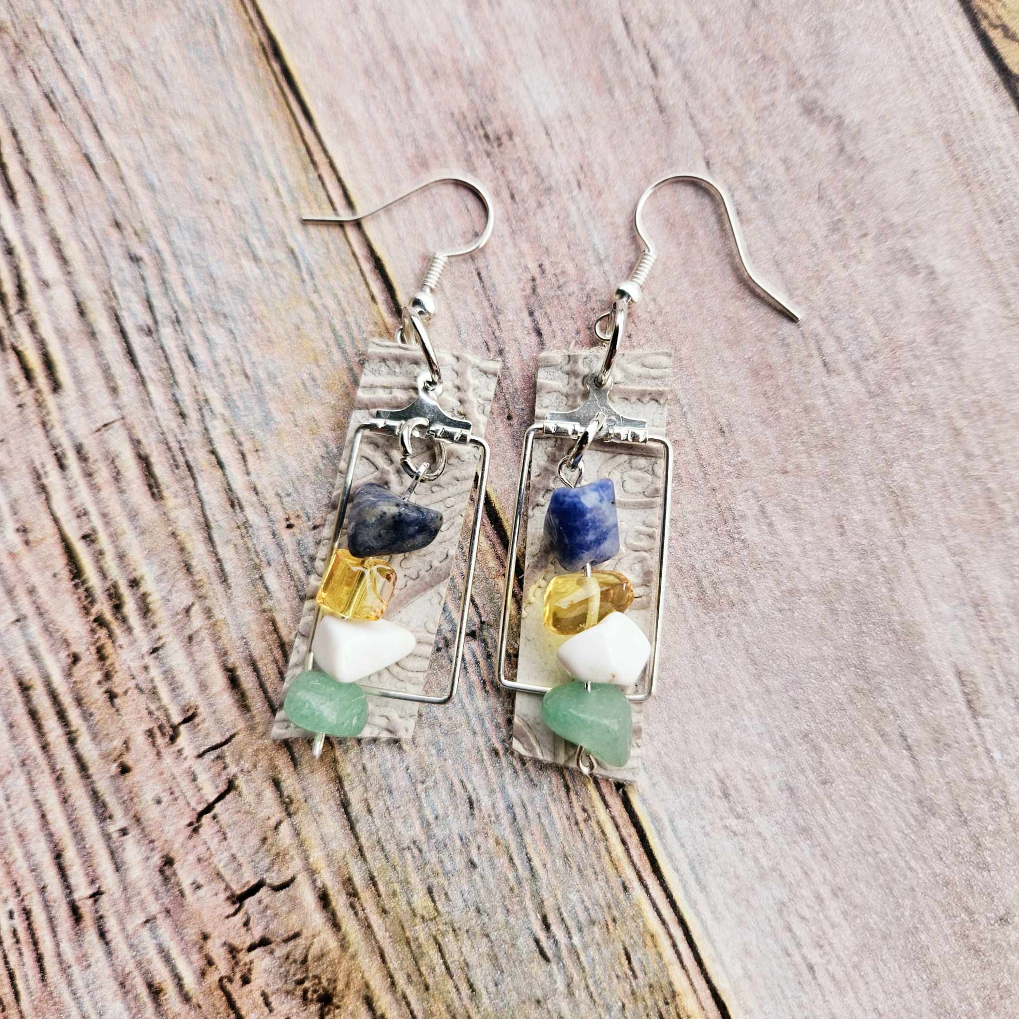 white leather rectangle earrings, handmade earrings, gold beaded jewelry, white beaded earrings