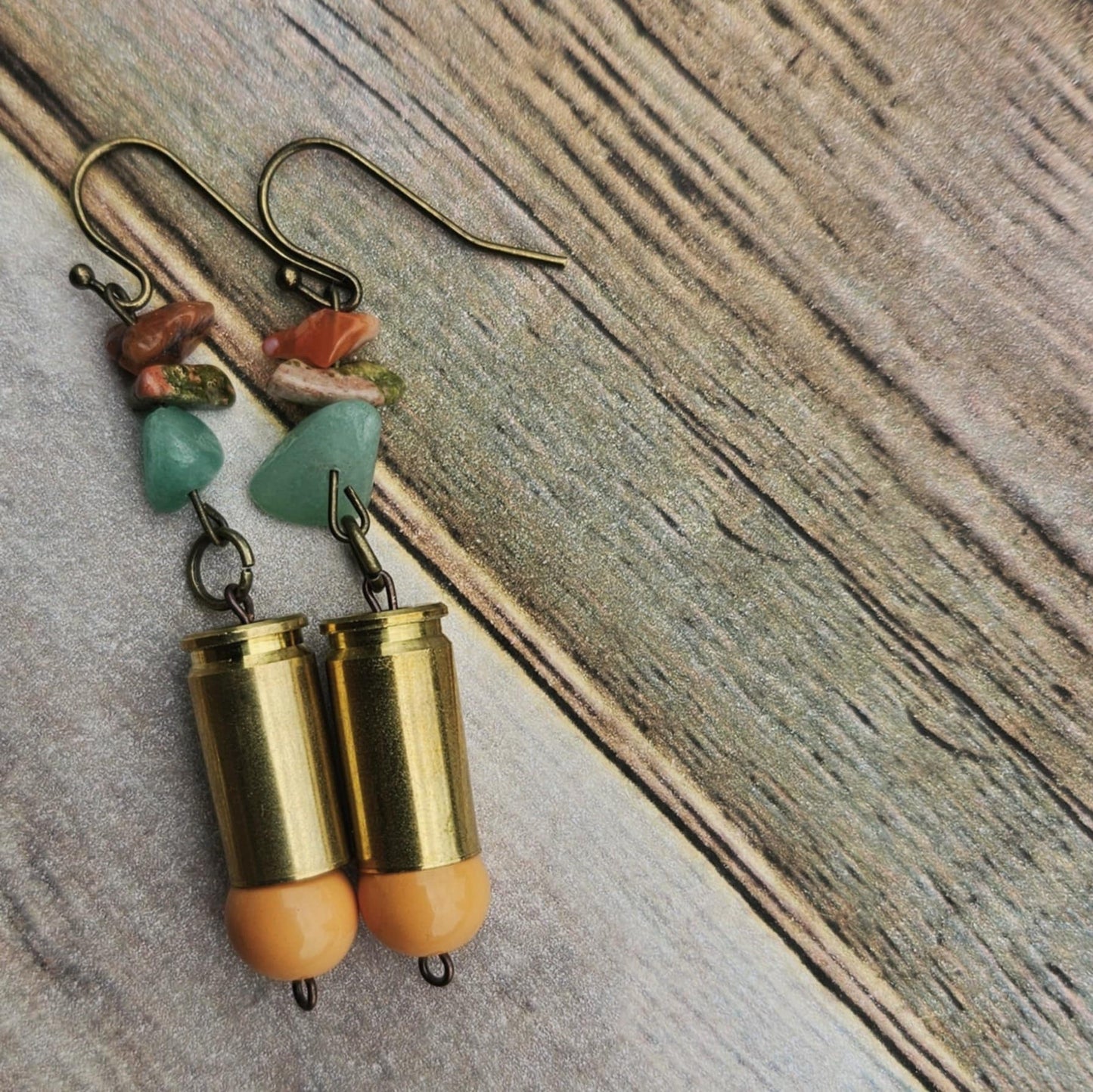 rock ammo earrings, yellow bead earrings, antique gold earrings 