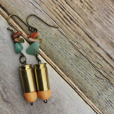 rock ammo earrings, yellow bead earrings, antique gold earrings 